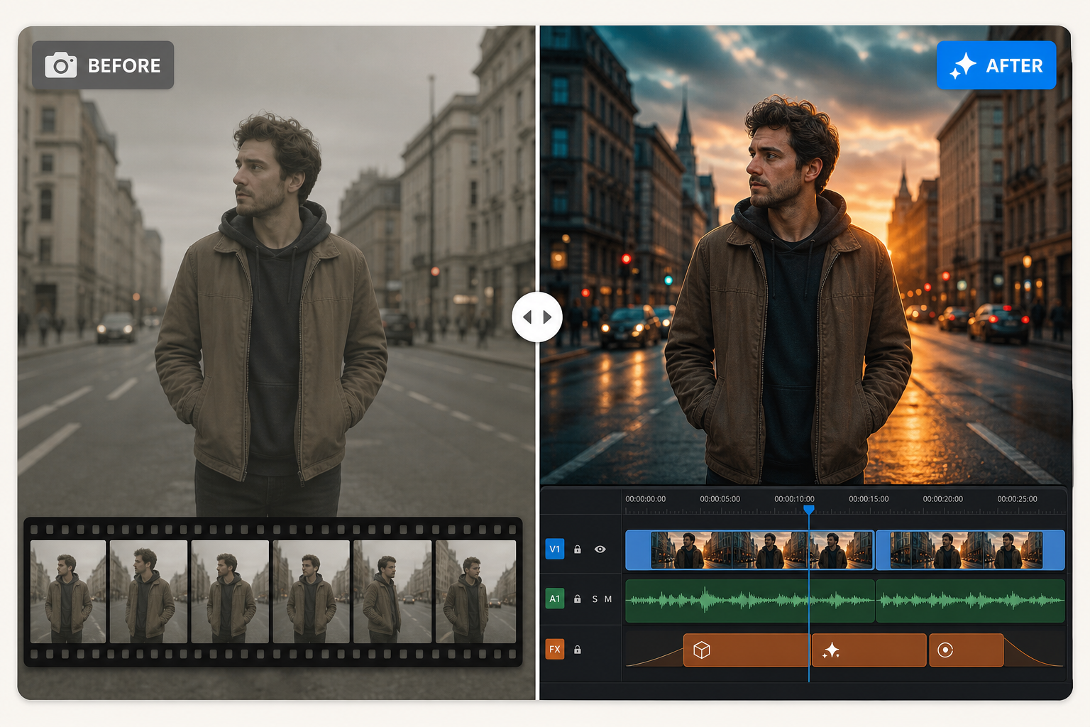 Before and after split-screen of a raw camera clip versus a fully color-graded edit with an editing timeline