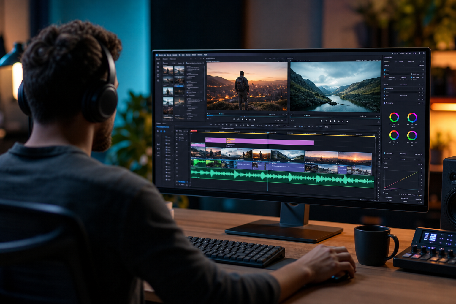 Video editor with headphones editing footage on a multi-track timeline at a desk